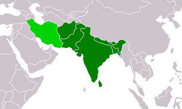 Asia del Sur: India, Pakistán, Afganistán, Bangladesh, Bután, Nepal, Maldivas, Sri Lanka y parcialmente Irán.