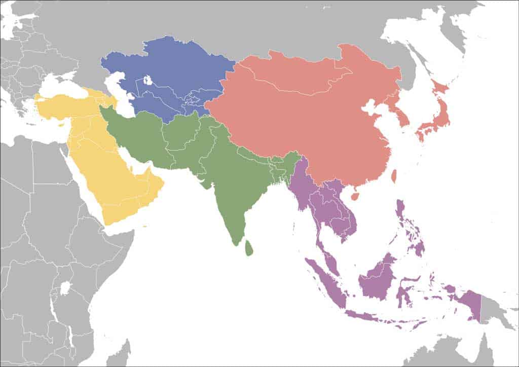 Mapa de Asia coloreado nombres de países Camiseta las fronteras