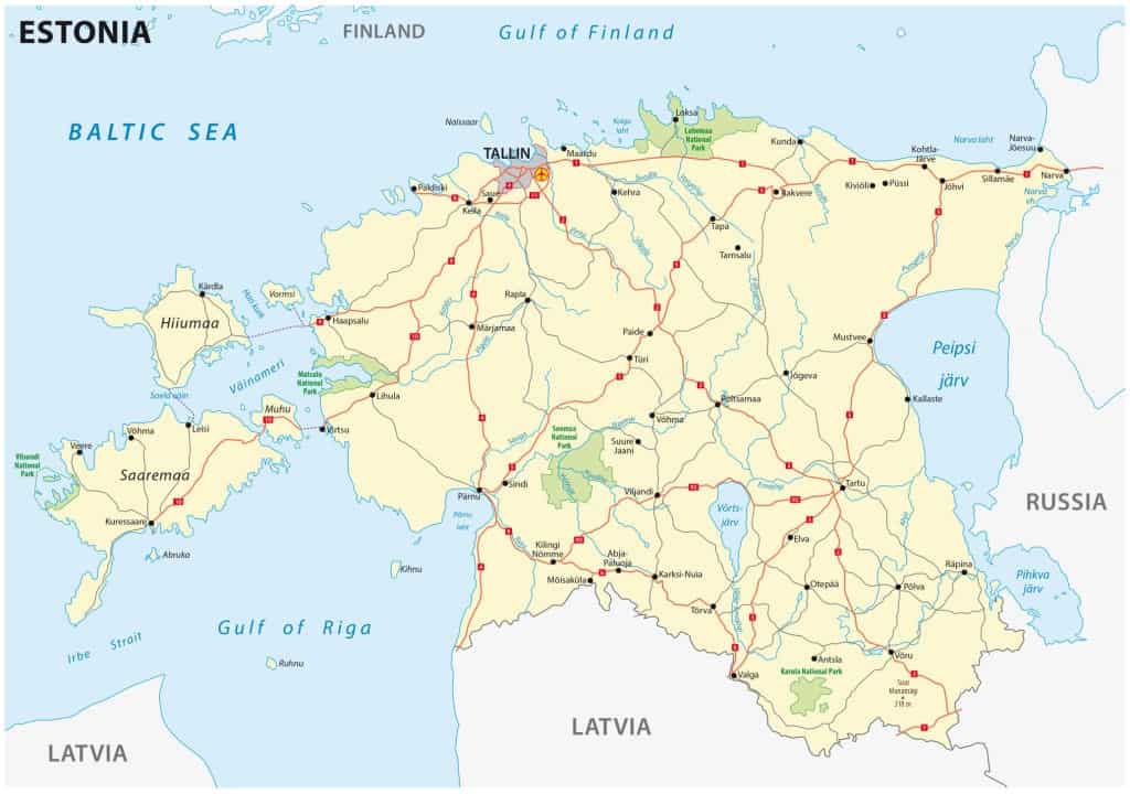 mapamundi de Estonia, ciudades y carreteras