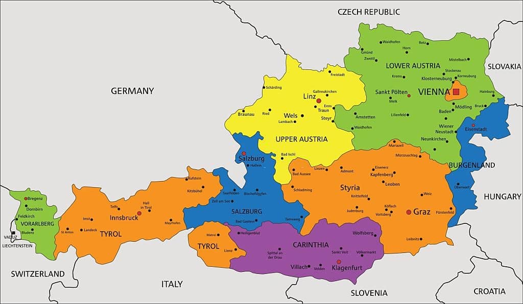 Mapa de Austria con ciudades y regiones