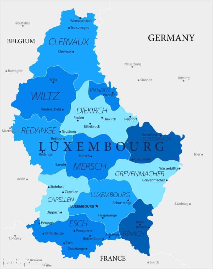 mapa políticos de Luxemburgo con distritos ciudades