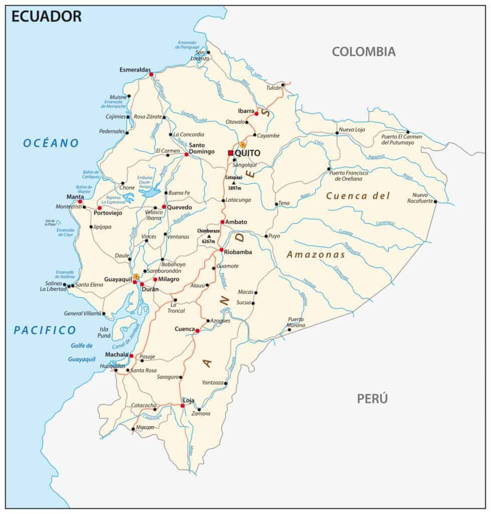 Mapa de la red fluvial de Ecuador