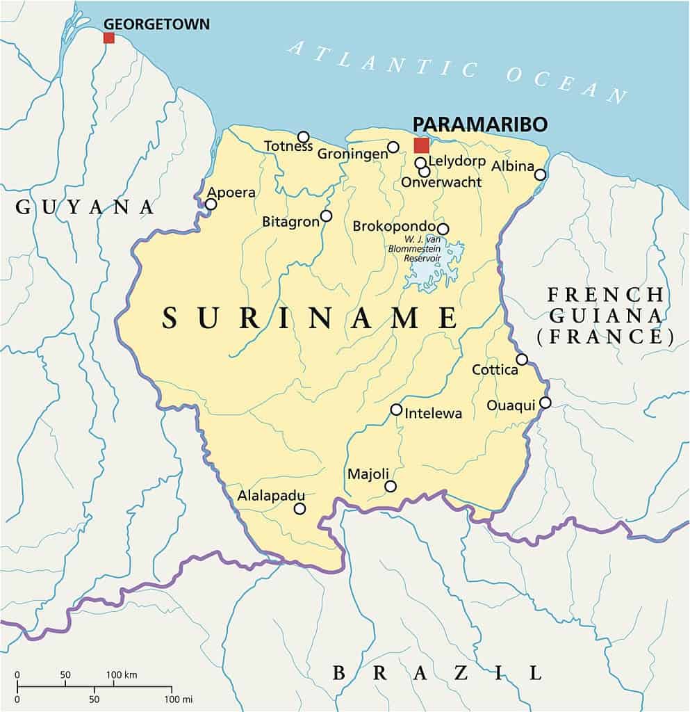 mapa de la red fluvial de Surinam