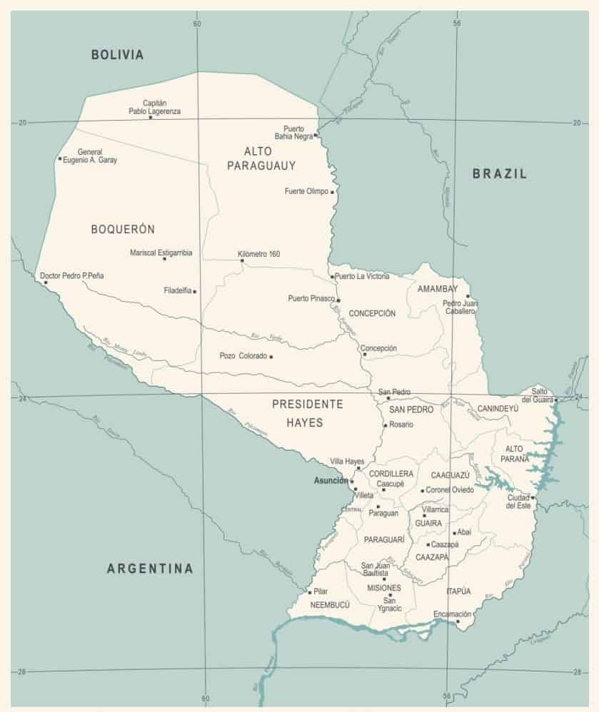 Cartografía de Paraguay con fronteras de departamentos
