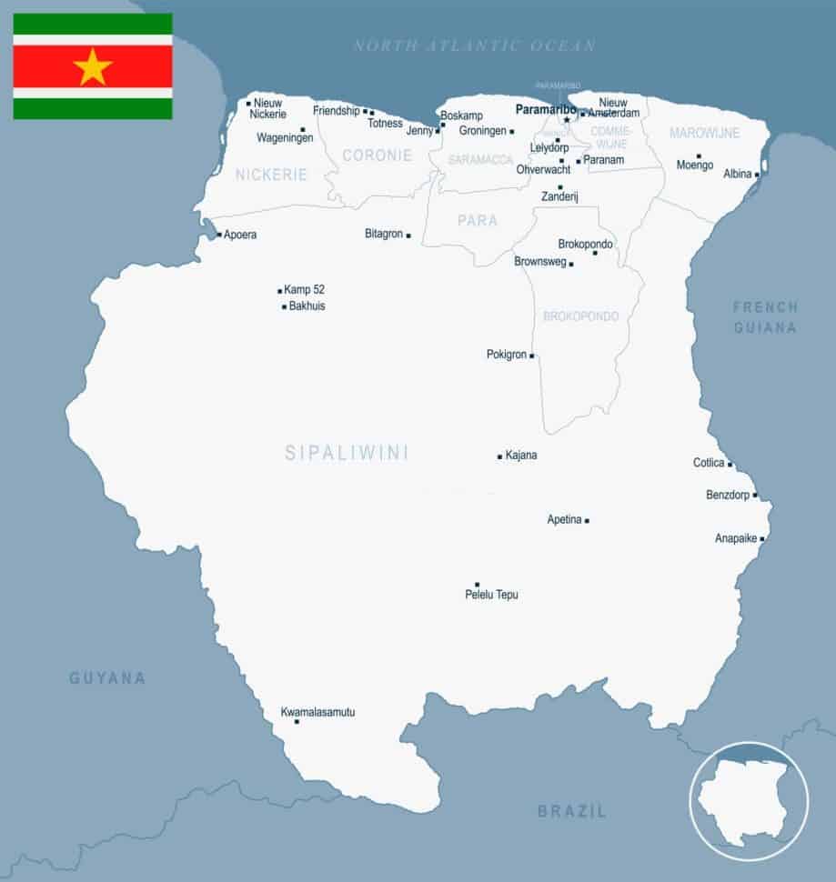 Bandera de Surinam y el mapa de las prvincias de Surinam