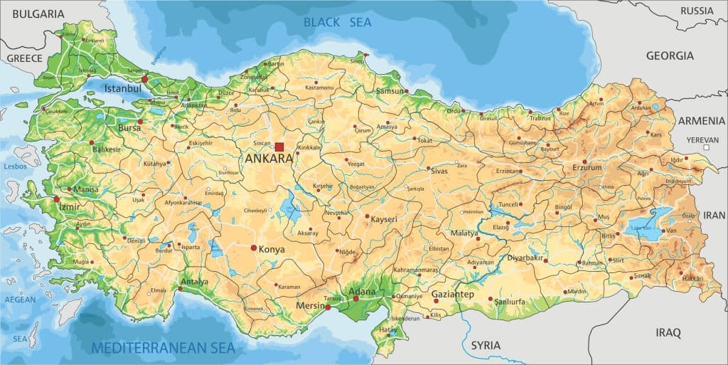 Mapa topográfico de Turquía.