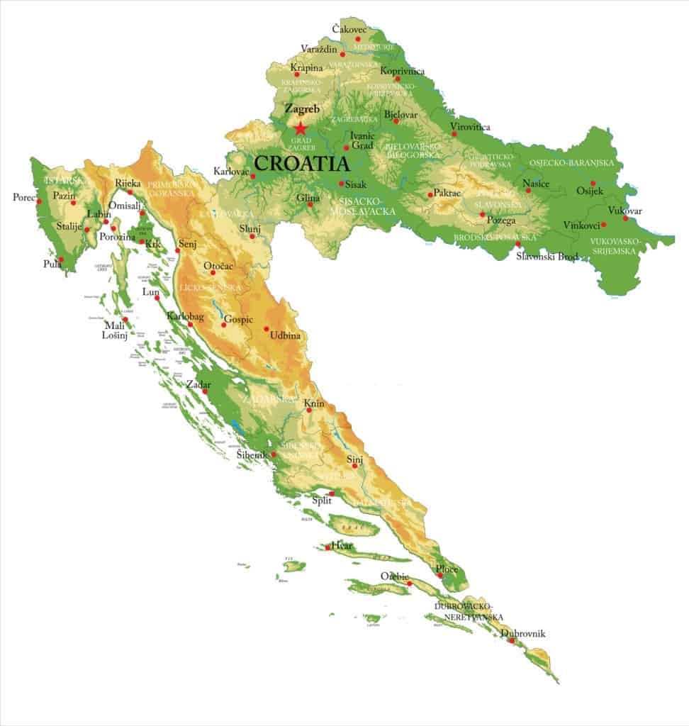 Mapa topográfico de Croacia.