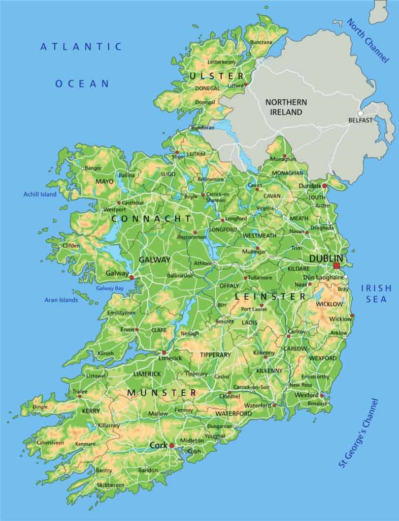 Mapa topográfico de Irlanda.
