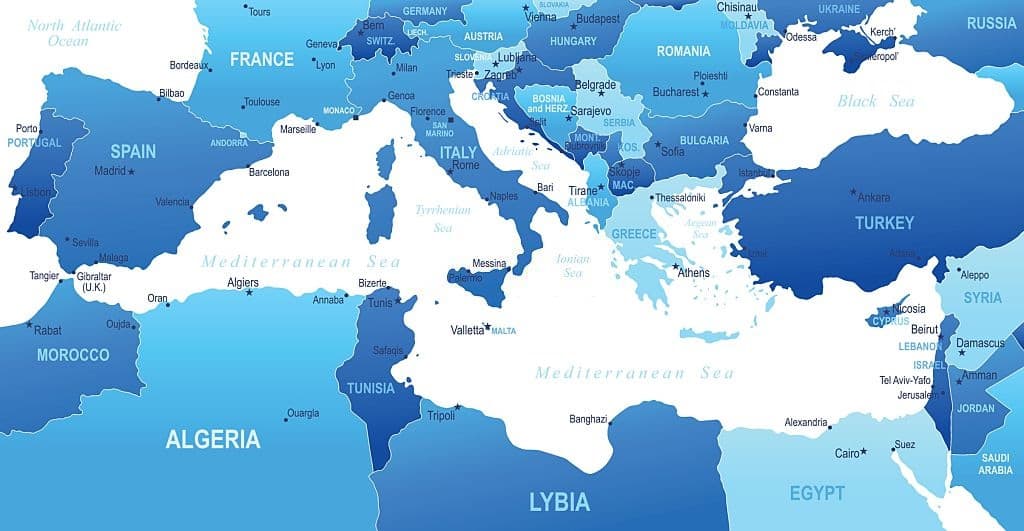 Mapa de los países de la región mediterránea
